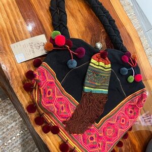 Black and Pink Satchel with Embroidered Design